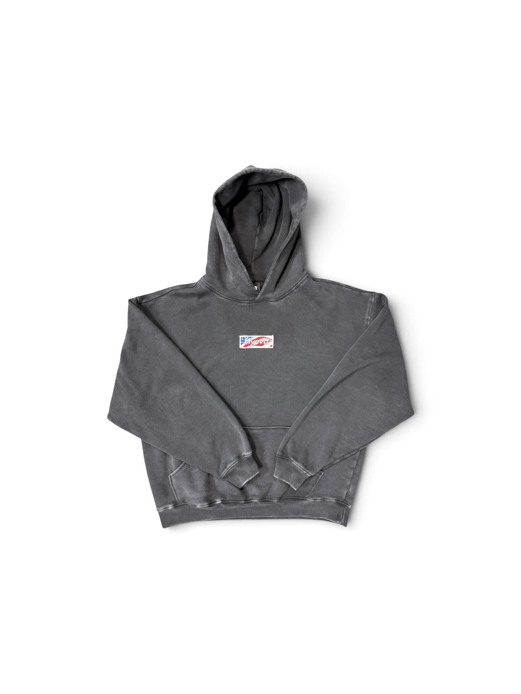 HYEVA 250th Anniversary Box Logo Hoodie in sun faded black, front view with sleeves folded