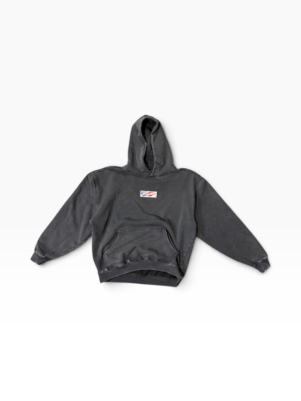 HYEVA 250th Anniversary Box Logo Hoodie in sun faded black, front view with sleeves extended