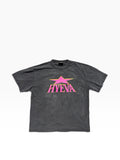 Hyeva 90s Skatepunk Tee with hot pink logo on a faded black boxy T-shirt