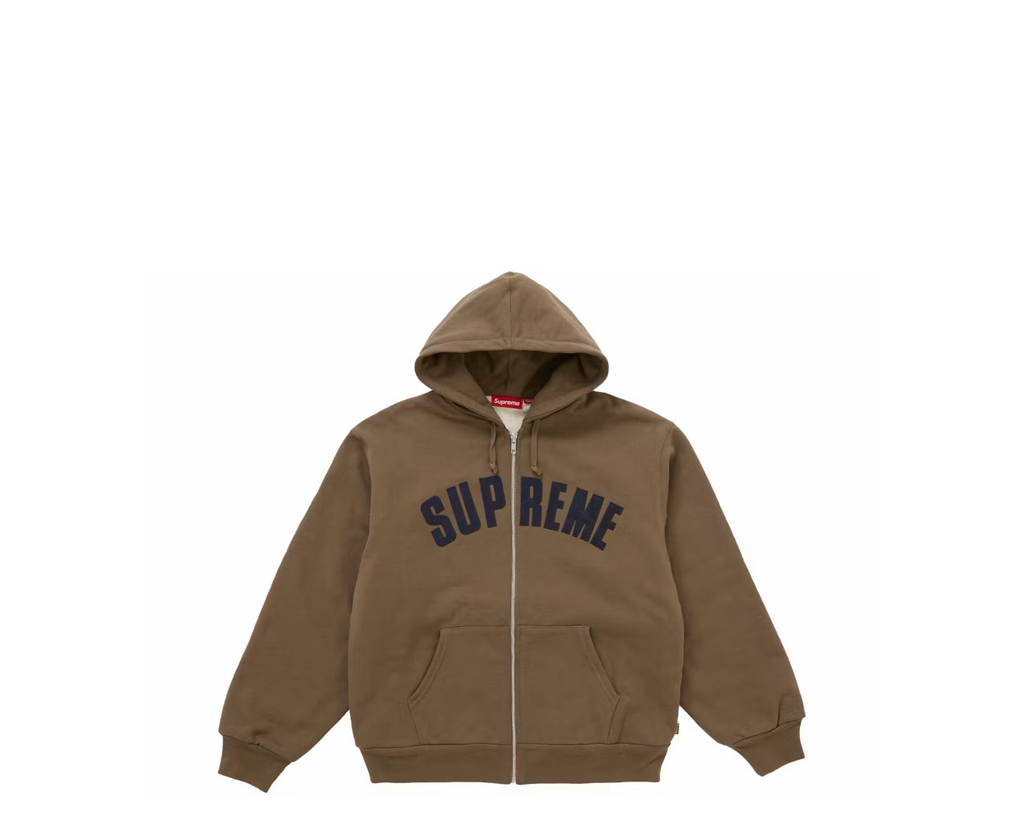 Supreme Arc Zip Up Thermal Hoodie in brown and navy blue, front view