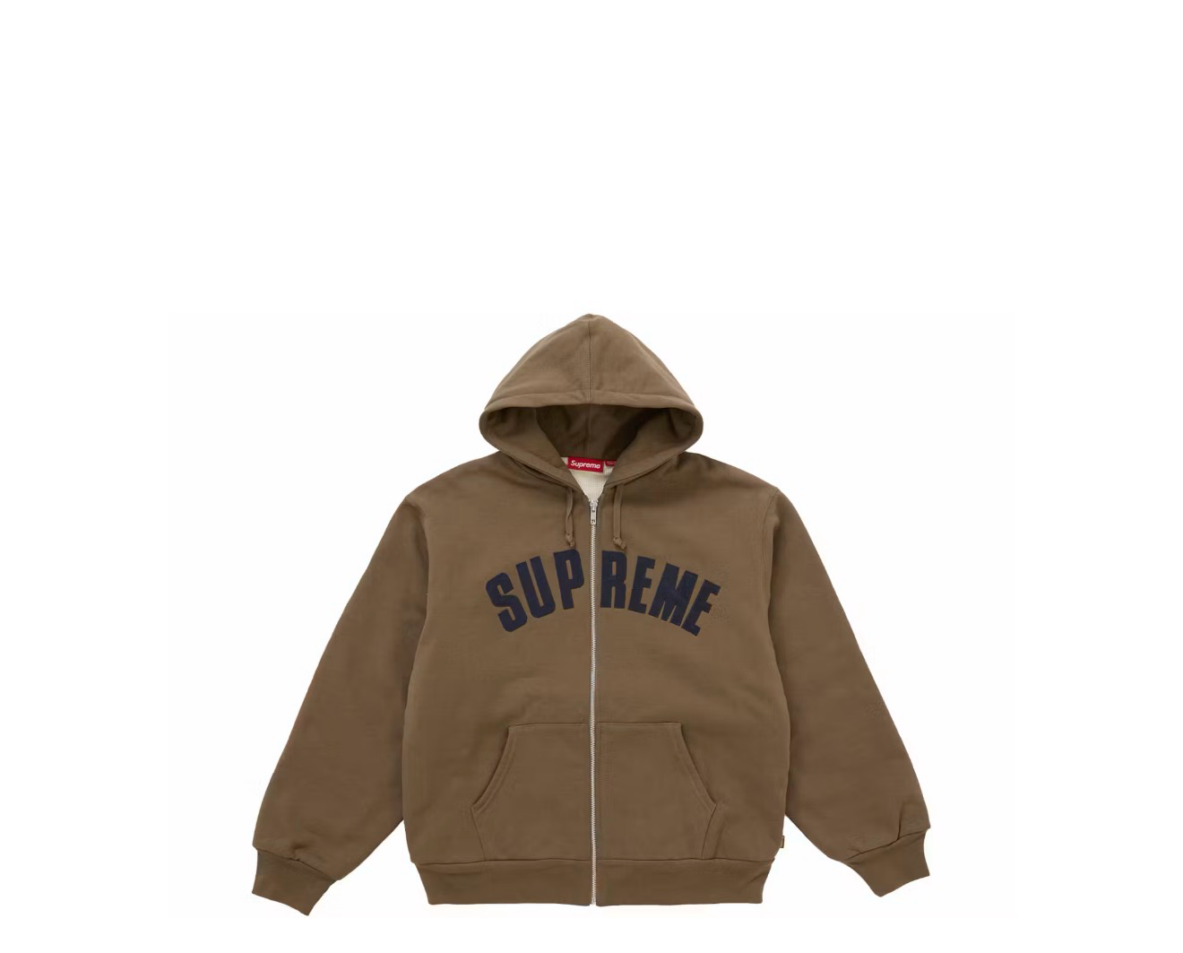 Supreme Arc Zip Up Thermal Hoodie in brown and navy blue, front view