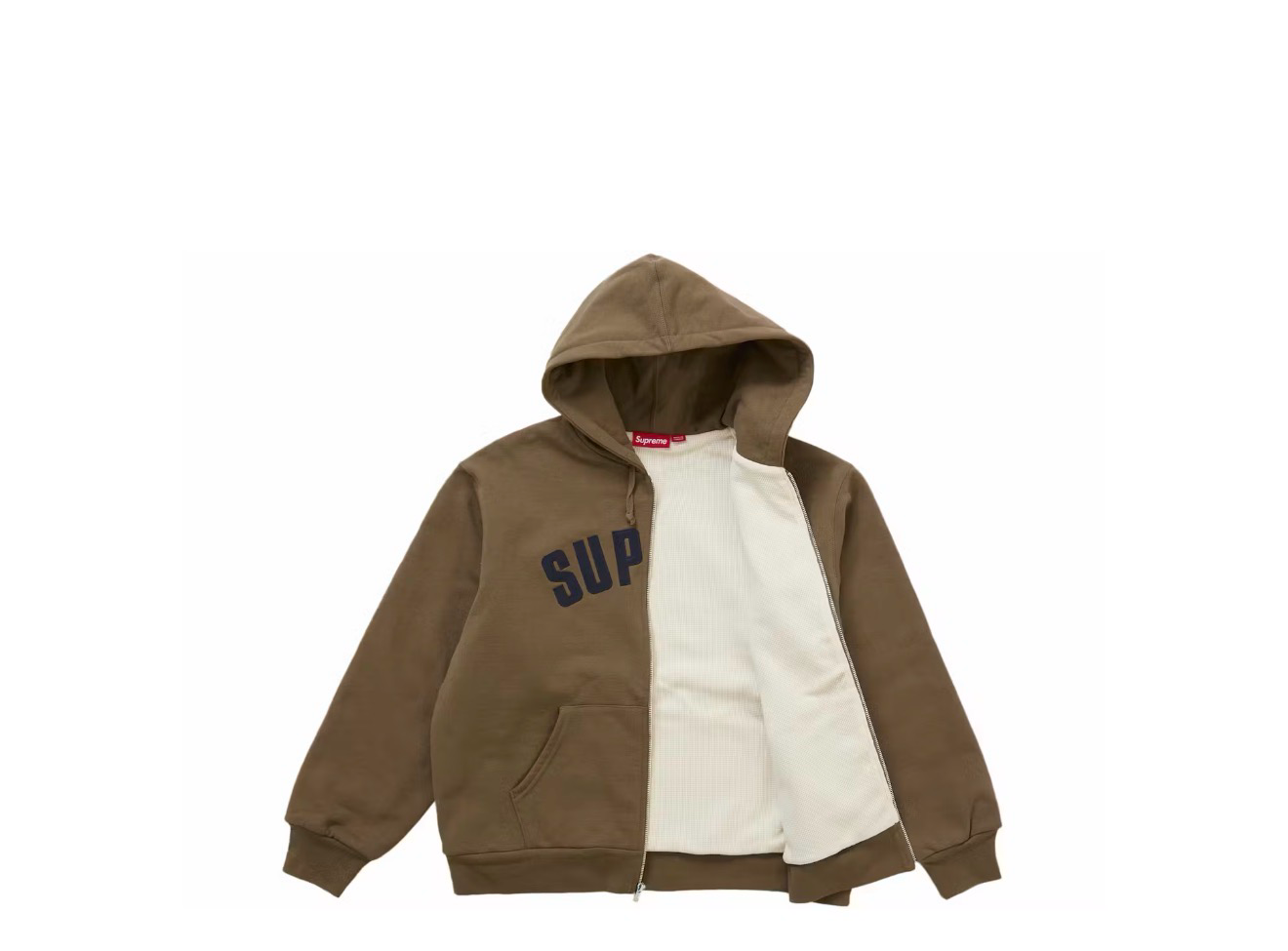 Supreme Arc Zip Up Thermal Hoodie in brown and navy blue, open front view