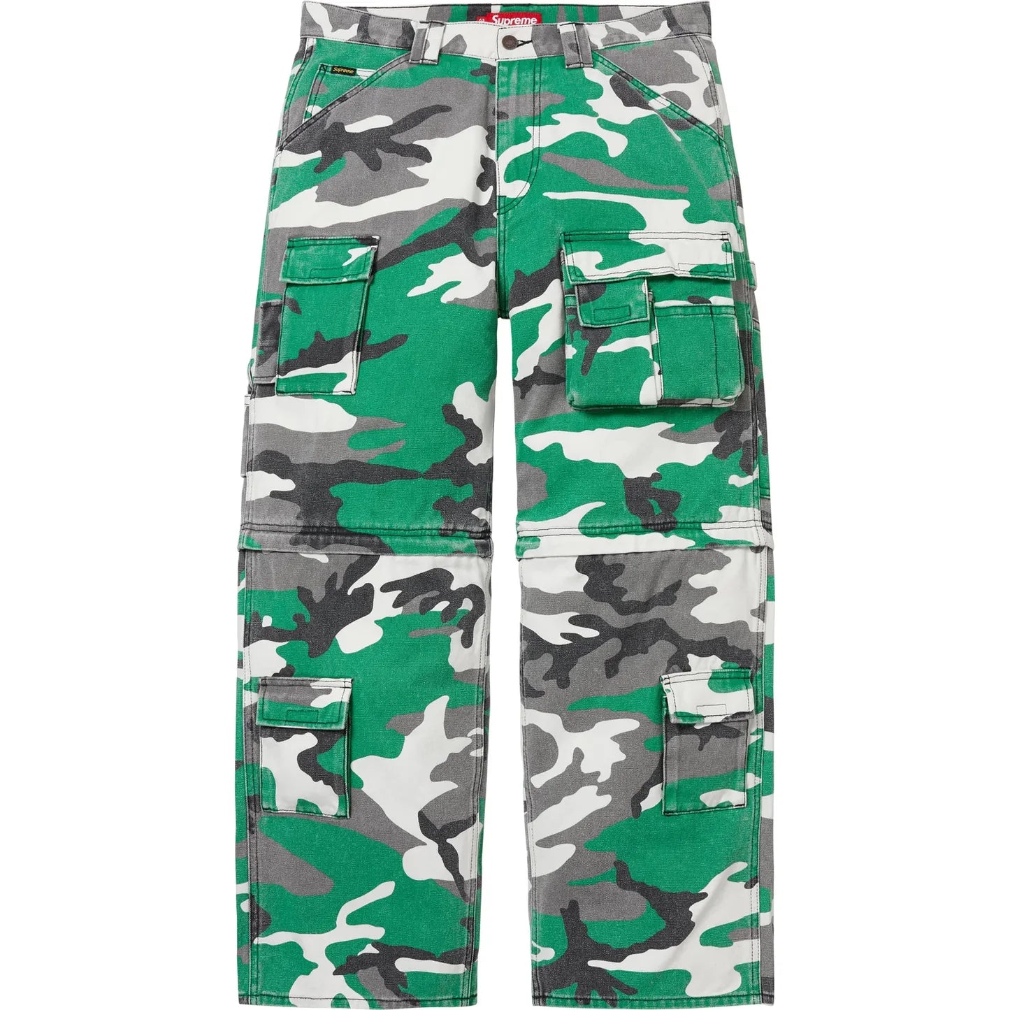 Supreme FW25 green urban camo zip-off utility pants, front view